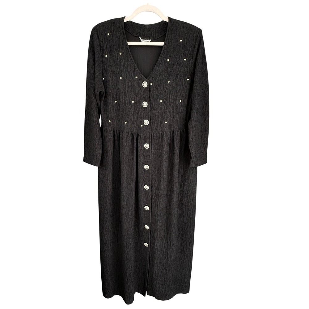 Vintage Maxima Black Crinkle Midi Dress Sunburst Buttons Studded Long Sleeve USA